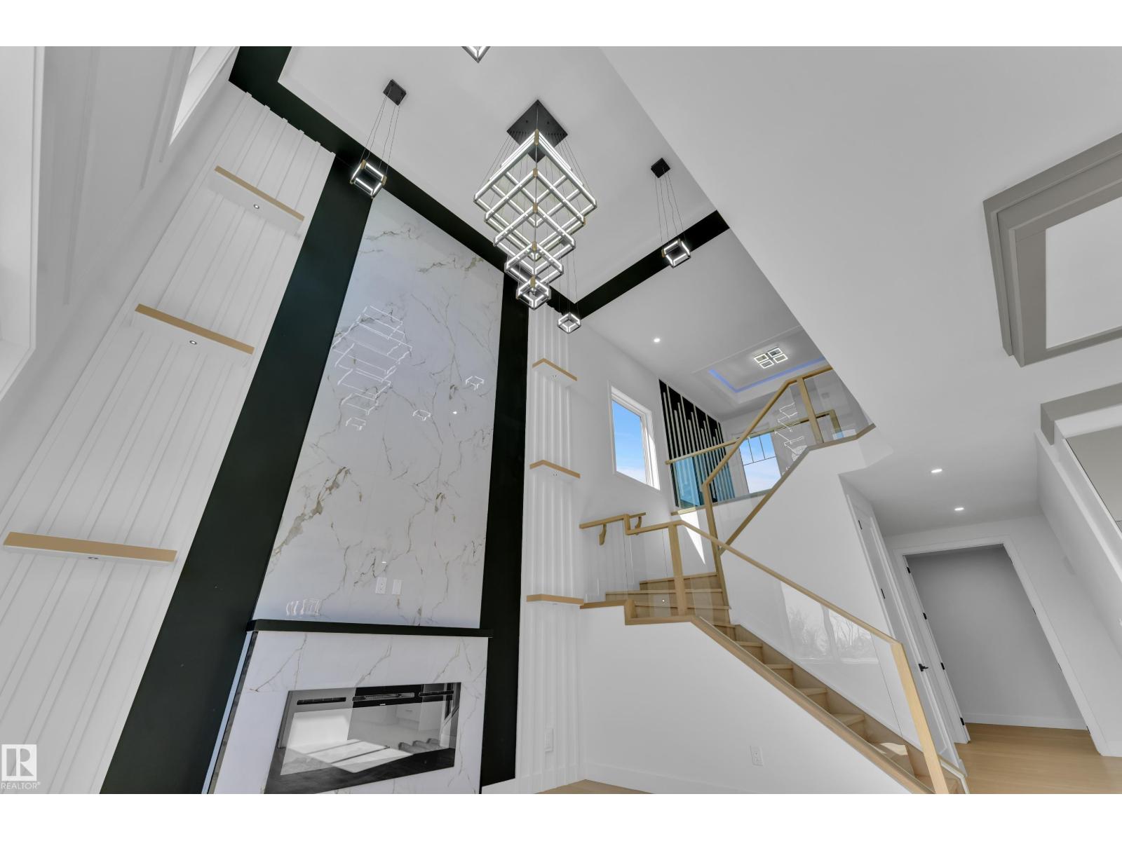 Great room fireplace feature wall, upper angle